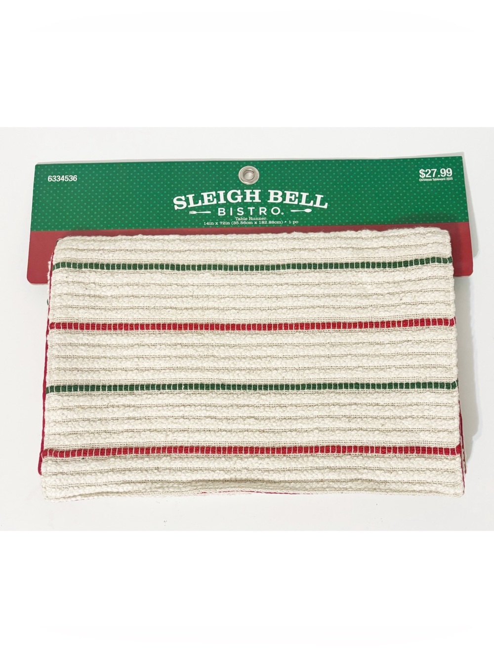 Sleigh Bell Bistro Red Green & Cream Striped Table Runner 14" x 72" New
